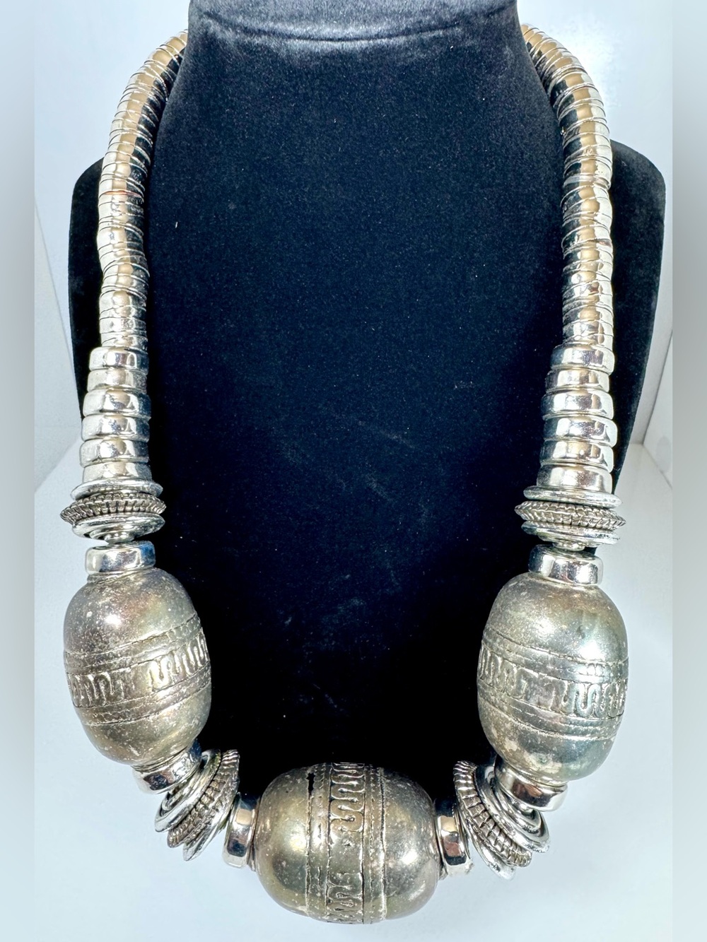 Signed You and I Tribal Statement Silver-Tone Beaded Collar Necklace #1720